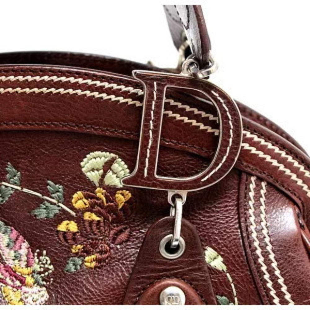 Christian Dior Embroidered Handbag Brown Leather - Picture 4 of 6